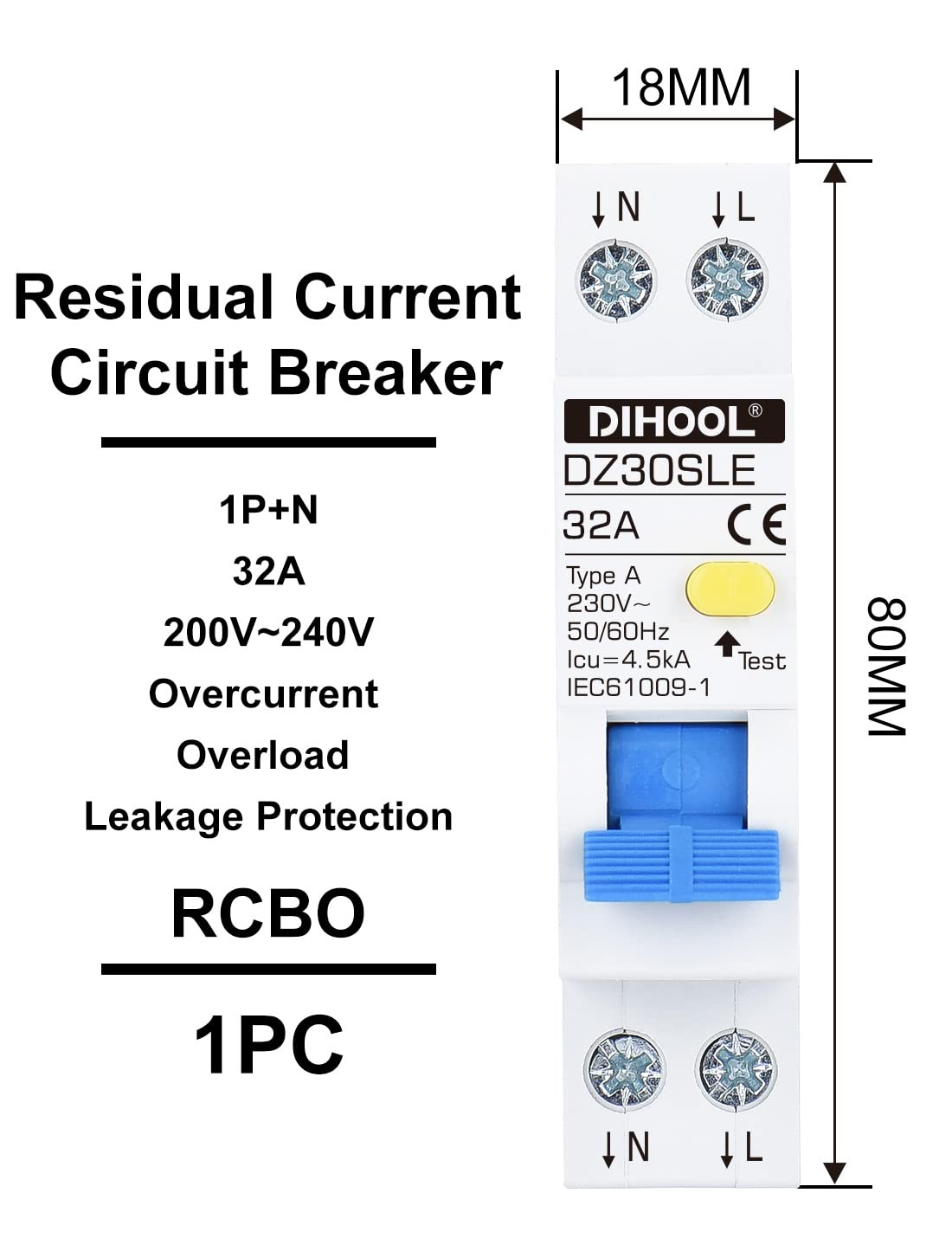 10KA Type B 63A RCD Circuit Breaker For Leackage Protection