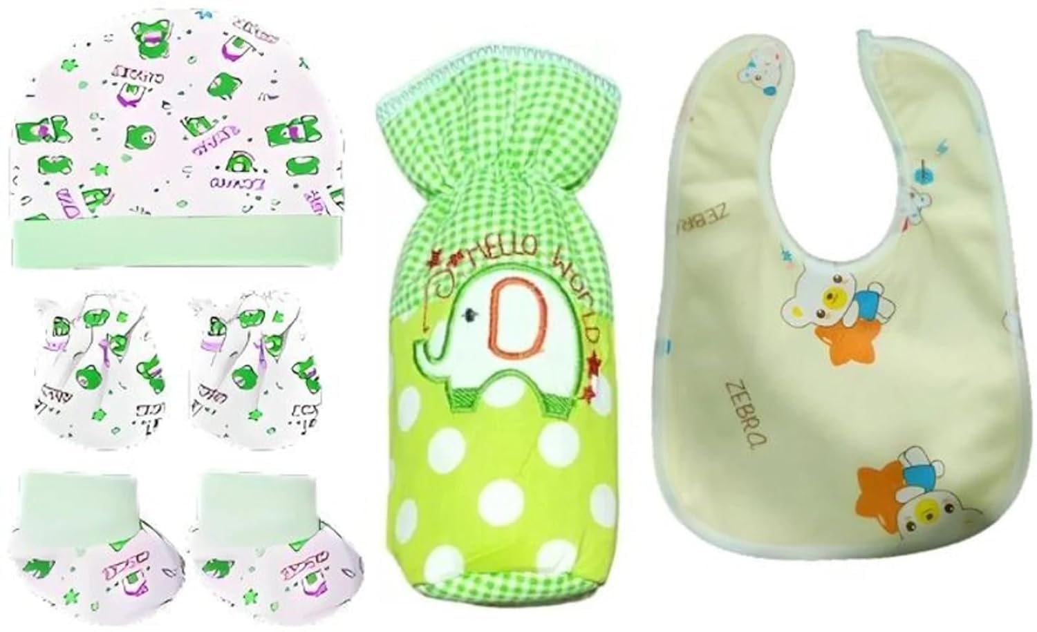 Newborn Baby Gift Set, Cap, Mittens, Booties, Bottle Cover and Bib, Printed, 5 Pieces-image-27