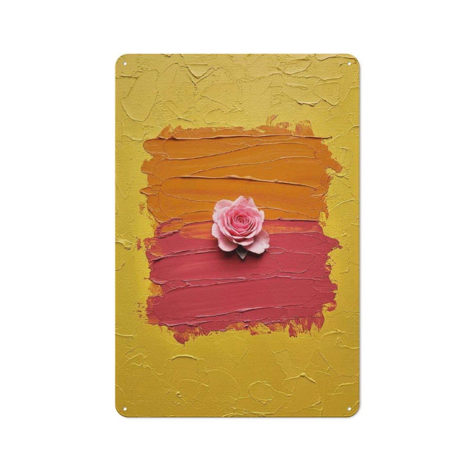 Junmoney Rose On Textured Paint Background 30X20cm Rustic Metal Plaque With For Café Or Restaurant, For Themed Interiors In Cafés And Restaurants