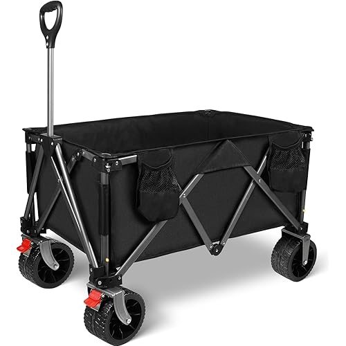 Collapsible Folding Wagon, Heavy Duty Utility Beach Wagon Cart for Sand with Big Wheels, Adjustable Handle&Drink Holders for Shopping, Camping,Garden and Outdoor (Black)