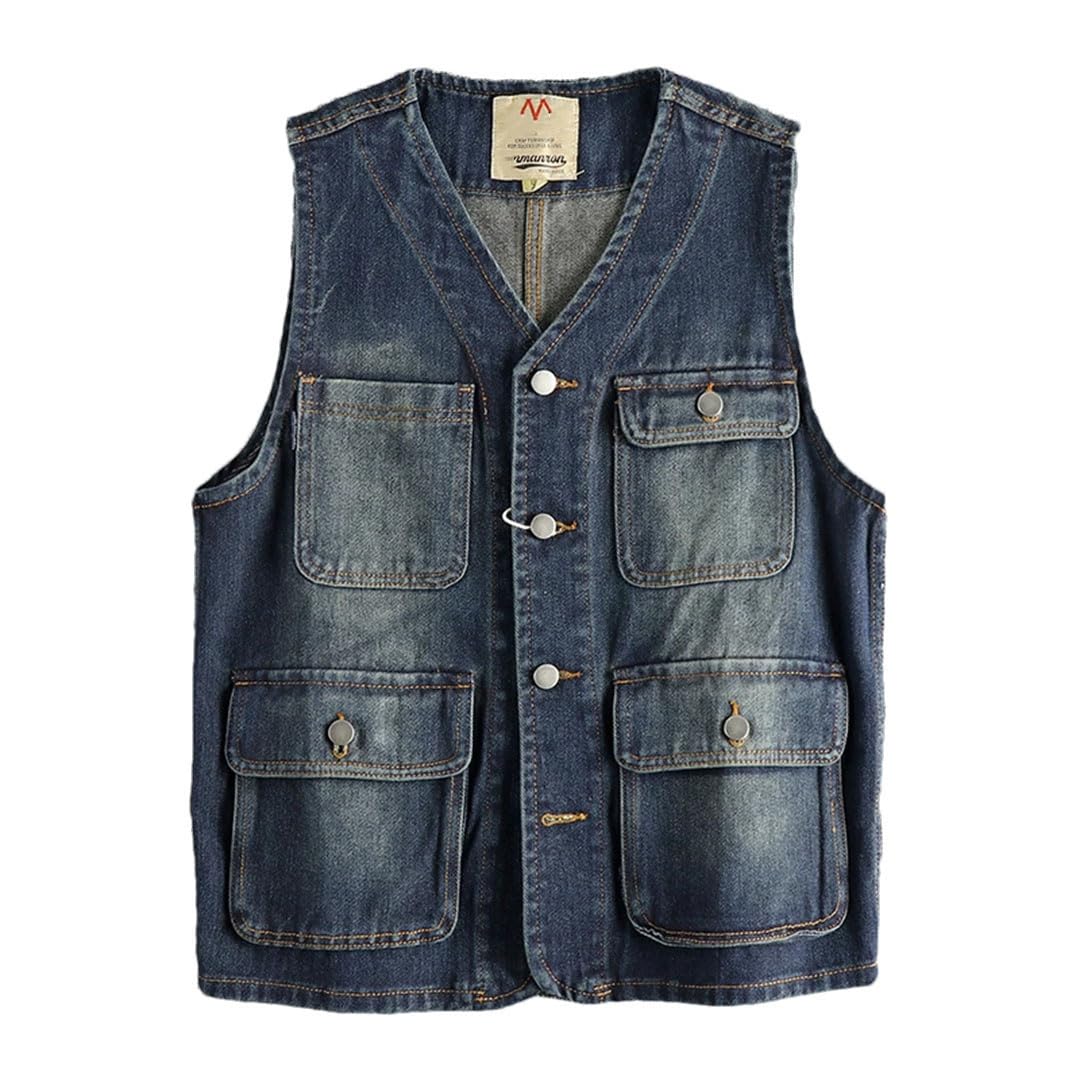 Gilet da uomo in denim stile retrò invecchiato senza maniche con design multi-tasca