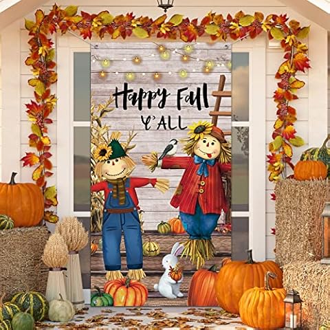Fall Thanksgiving Door Cover Happy Fall Y'all Door Decorations Fall Harvest Scarecrow Pumpkin Photography Backdrop for Thanksgiving Party Supplies Autumn Home Decor, 71 x 35 Inches Cover