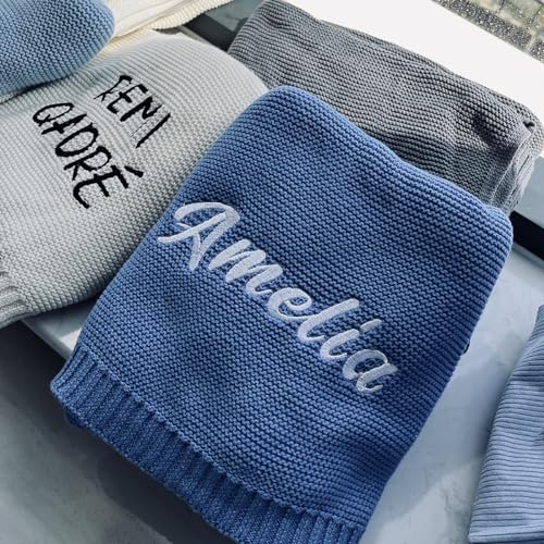 Embroidered Name Baby Blanket,Embroidered Name,Stroller Blanket,Newborn Baby Gift,Soft Breathable Cotton Knit (Embroidery Name)