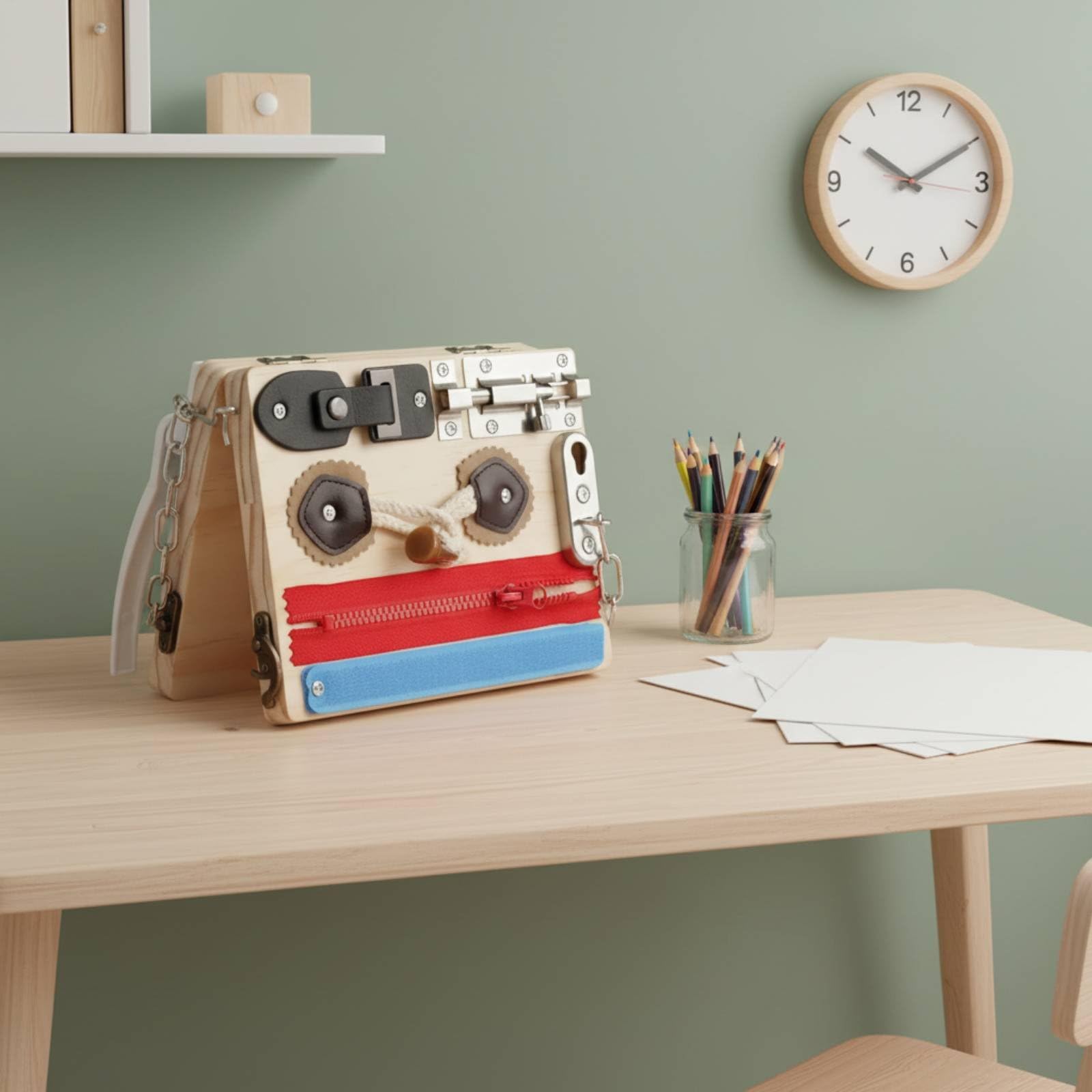 Children Learning Board Tablero Educativo Infantil de Actividades Sensorial de Madera con Zippers Botones y Hebillas