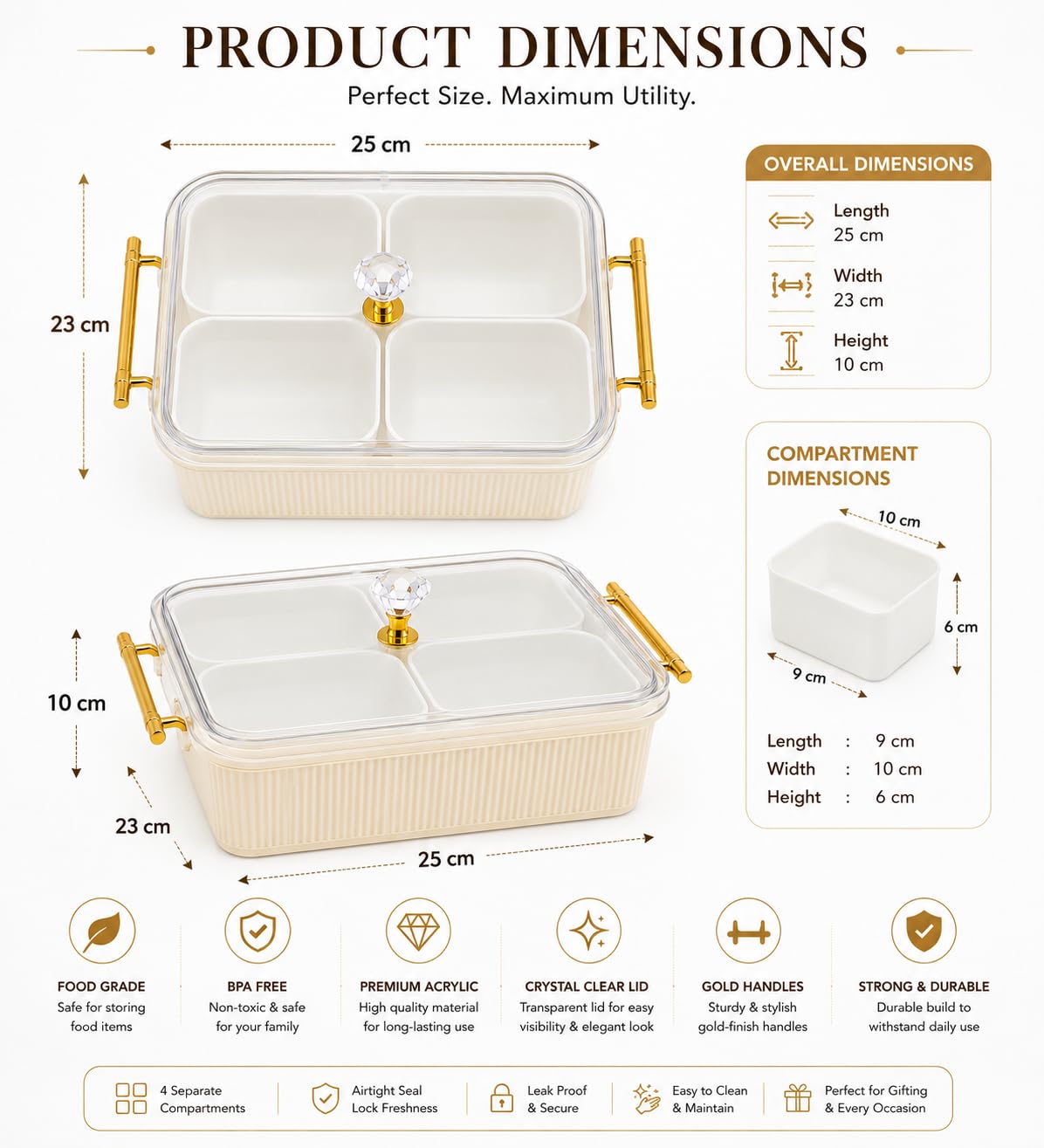 DARKFISH Dry Fruit Storage Box with Lid | 4 Compartment Acrylic Serving Tray, 25x23x10cm | BPA-Free, Gold Handles | Diwali & Wedding Gift Box | Snack & Nuts Organizer Tray, Ivory 1