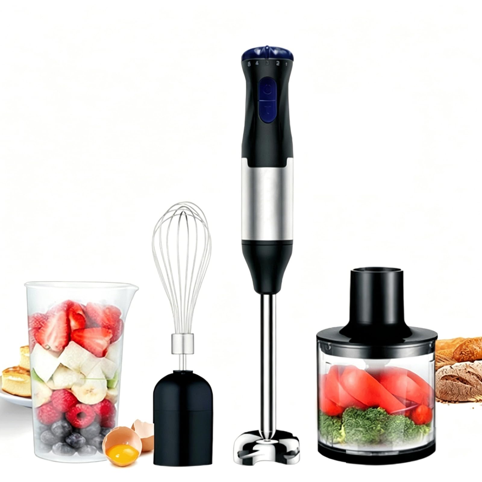 Ręczny blender zanurzeniowy 4 w 1, 1000W, wielobiegowy, funkcja Turbo, mikser ręczny z trzepaczką, siekaczem i miarką do domowych zup, shake'ów i deserów