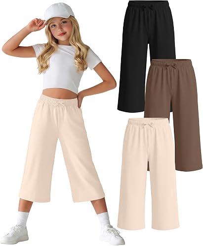 LessonZoo 3 Pcs Girls Capris Wide Leg Elastic Drawstring Waisted Cropped Pants L