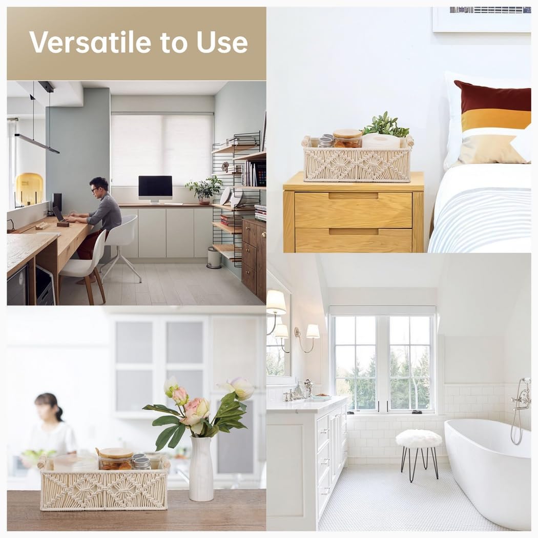 Cestas de almacenamiento bohemias de color marfil, 2 cajas tejidas de macramé con asas de madera, perfectas para baño, dormitorio, cocina y oficina