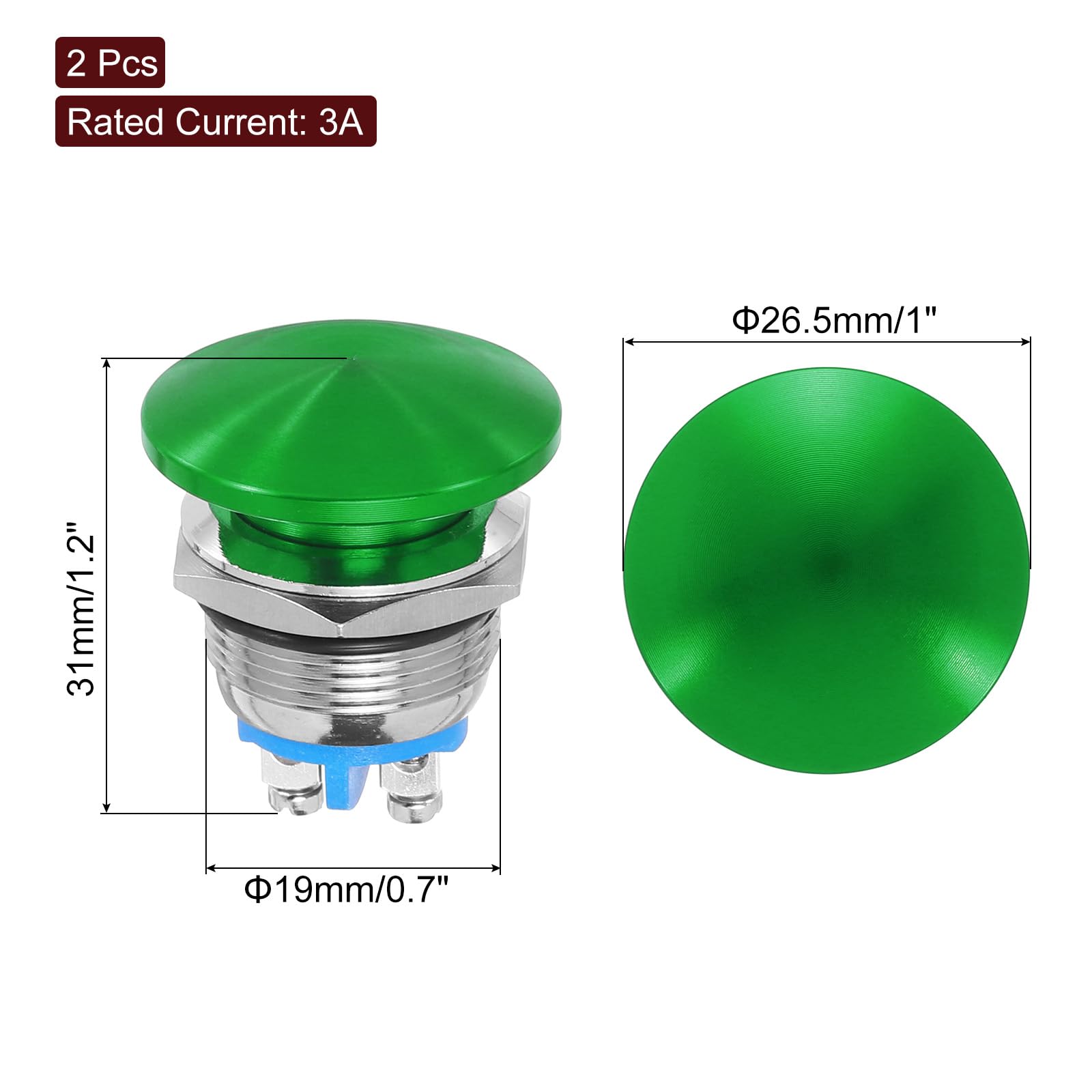 METALLIXITY 2PCS 3A 19MM 3/4" Momentary Mushroom Head Push Button Switch 12V 24V 120V 250V AC Green 1NO Waterproof IP65 SPST Self-resetting Domed Round 2 Screw Foot Button - Image 2
