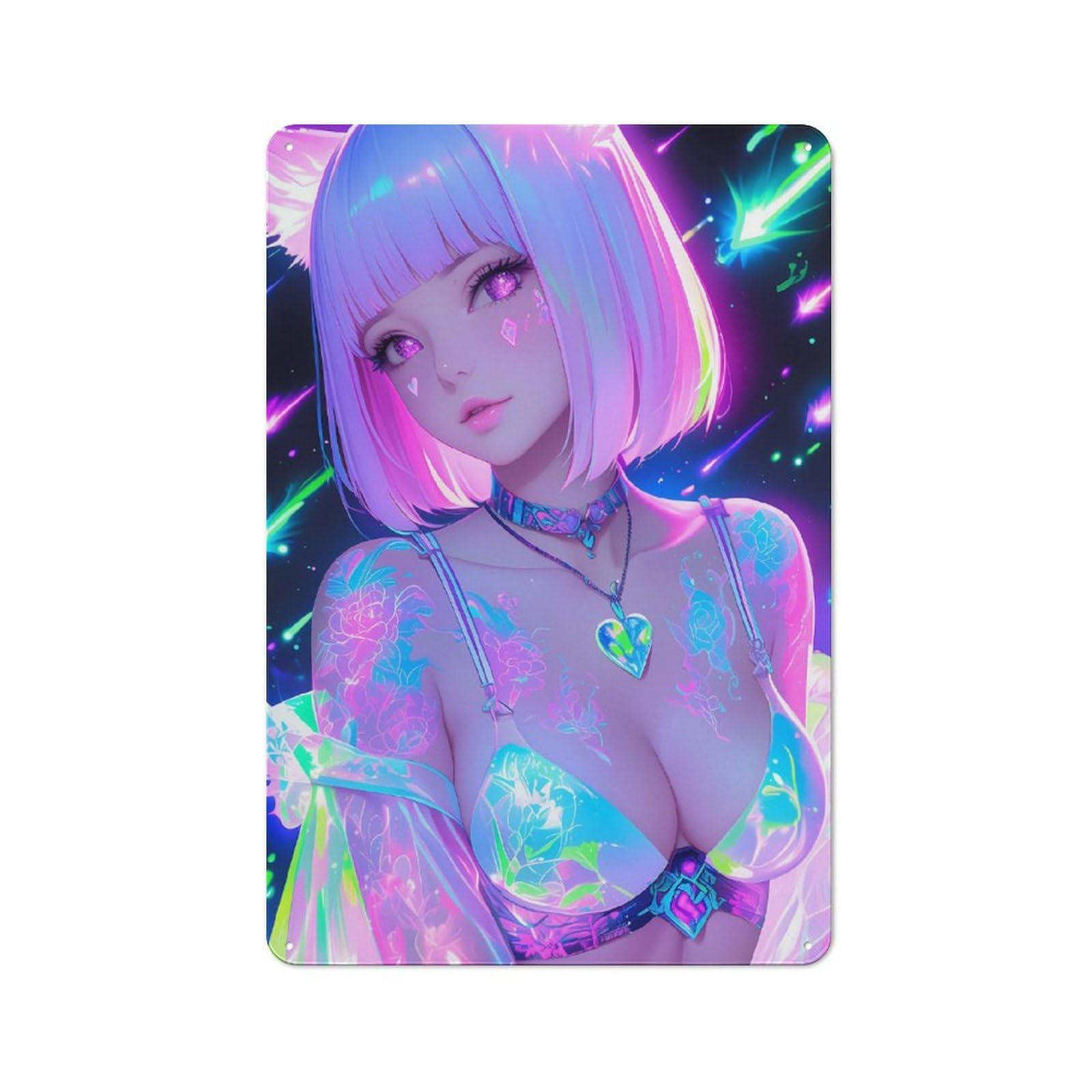 Understated Office Metal Sign 30x20cm Featuring Neon Anime Girl for Gaming Room, Studio Wall Plaque for Office, Study, Studio Or Hallway