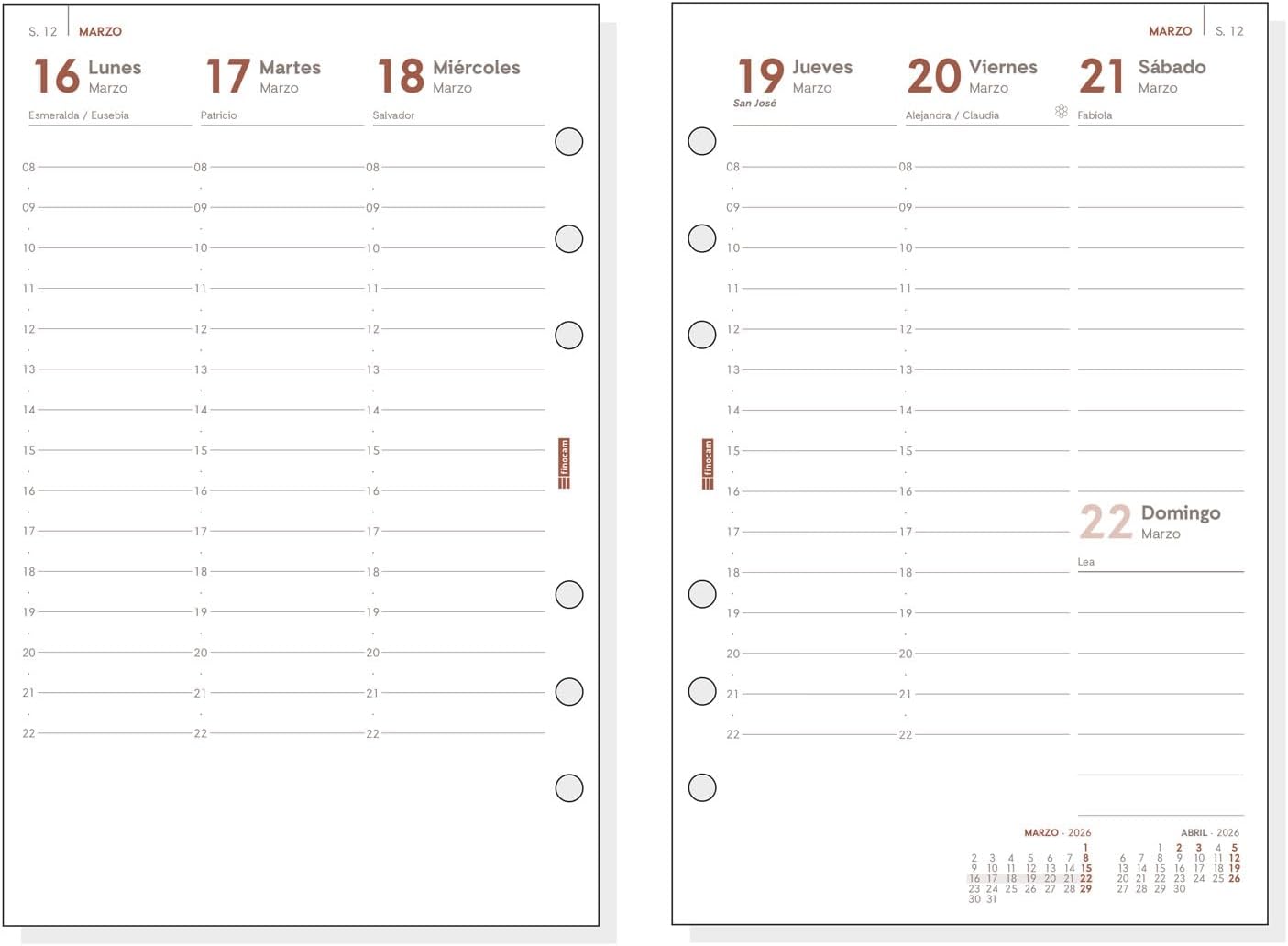 Finocam Open 2026 Week to View Vertical Year Planner January 2026 - December 2026 (12 Months) Spanish