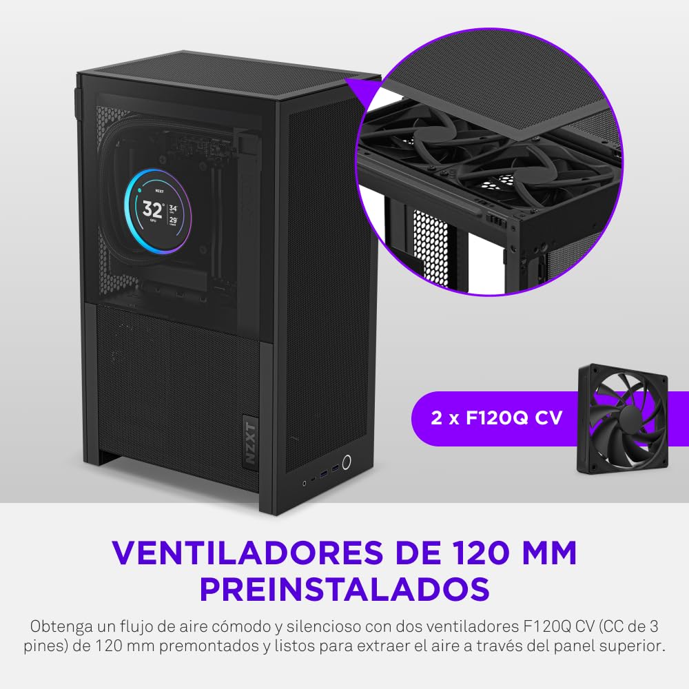 NZXT H2 Flow – Caja para PC Mini-ITX de 20,7 L con Alto Flujo de Aire – Incluye 2 Ventiladores Superiores de 120 mm y Cable Elevador PCIe 5.0 – GPU de 331 mm – Radiador de 280 mm – Negro