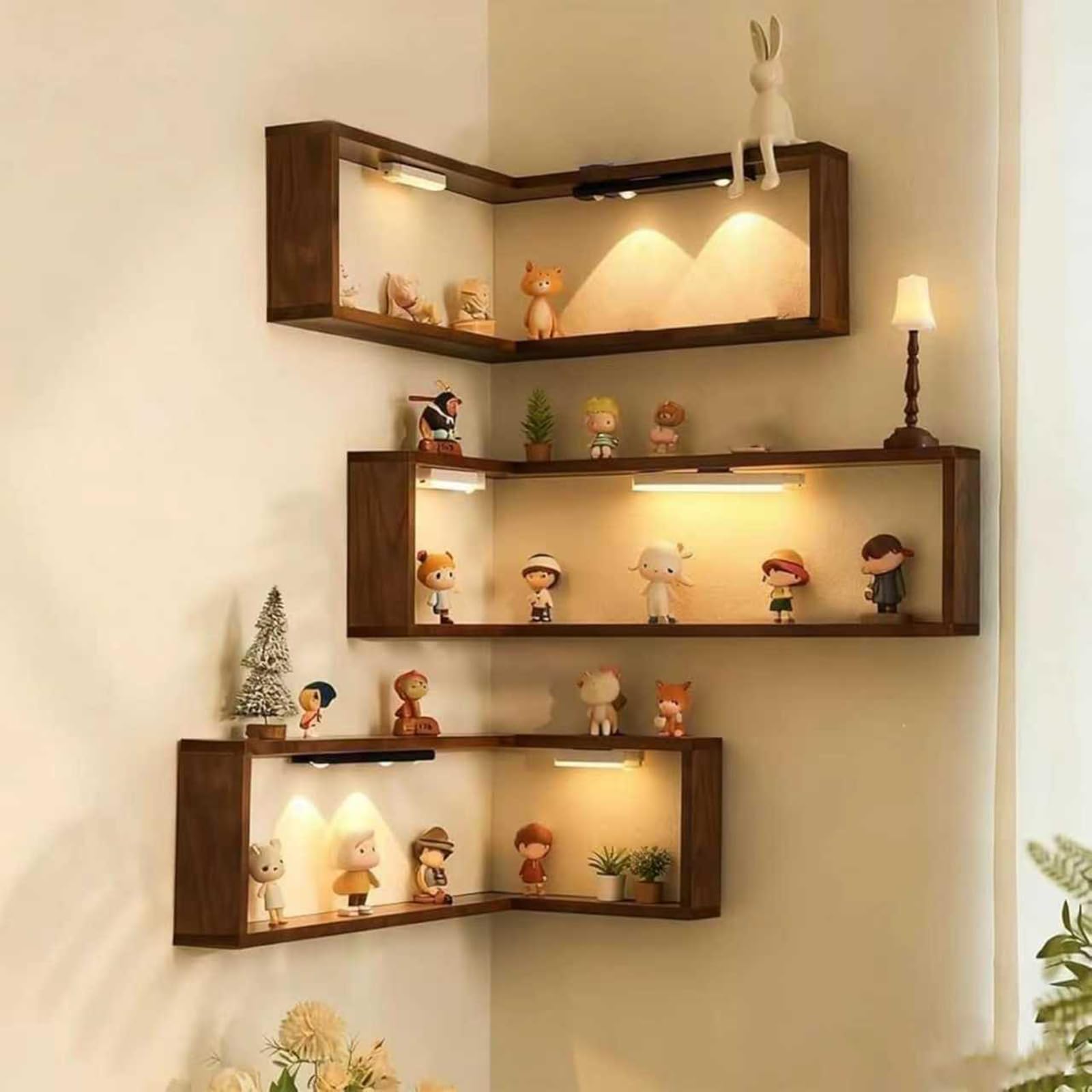 Illumina il tuo spazio con eleganti mensole angolari in legno, espositore sospeso da parete per ornamenti e conservazione (set di 3) - Perfetto per l'arredamento della casa