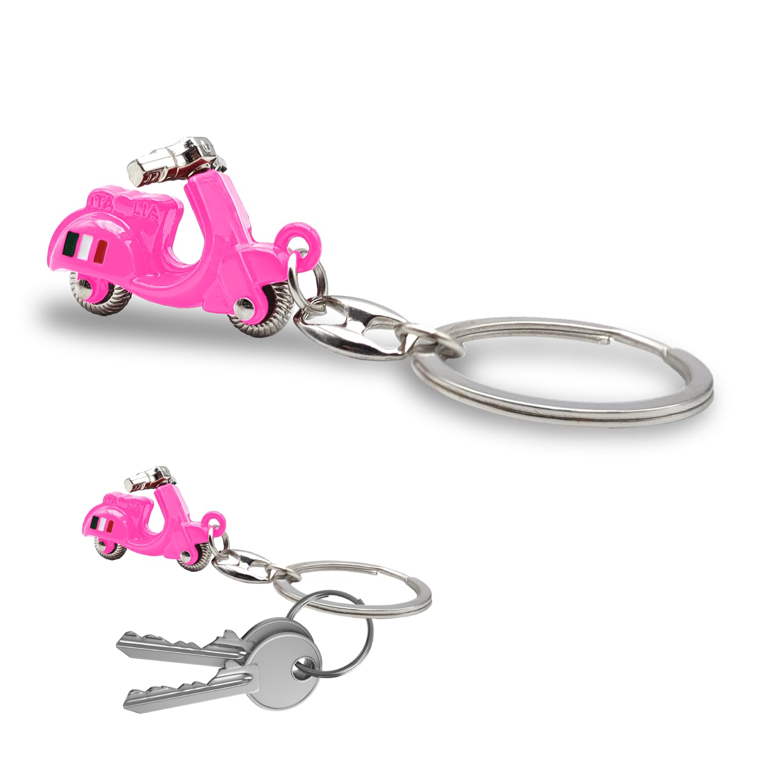 3D Italian Scooter Keyring - Realistic Design with Articulated Handlebar - Italian Flag on the Side - Durable Metal - Gift Idea for Men and Women - Accessories for Car, Motorcycle and Backpack,