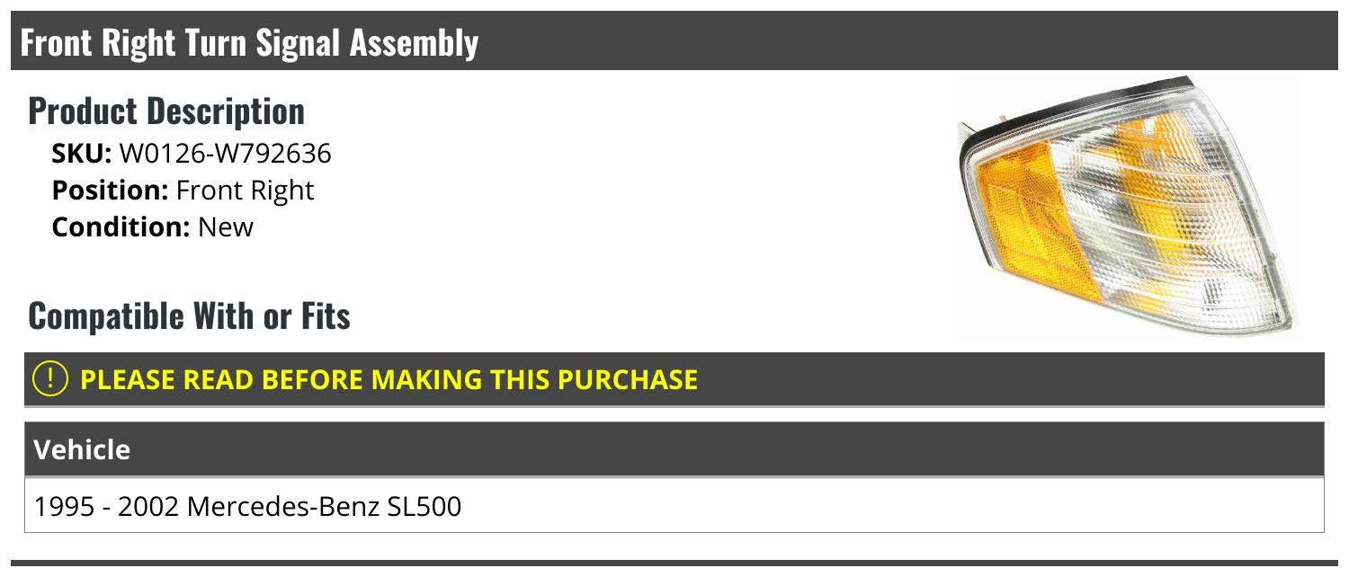 Marketplace Auto Parts Front Right Passenger Side Turn Signal Assembly - Compatible with 1995-2002 Mercedes-Benz SL500