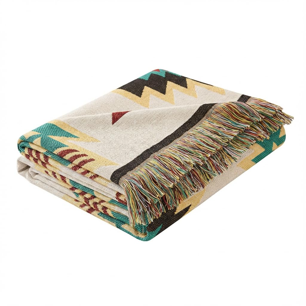 Lhgogo Aztec Large Sofa Throw Blanket With Tassels, 130X180cm Extra Thick Bohemian Woven Blanket For Single Seater Settees And Armchairs, Reversible High Density Cotton Blend Throw For Couch Bed
