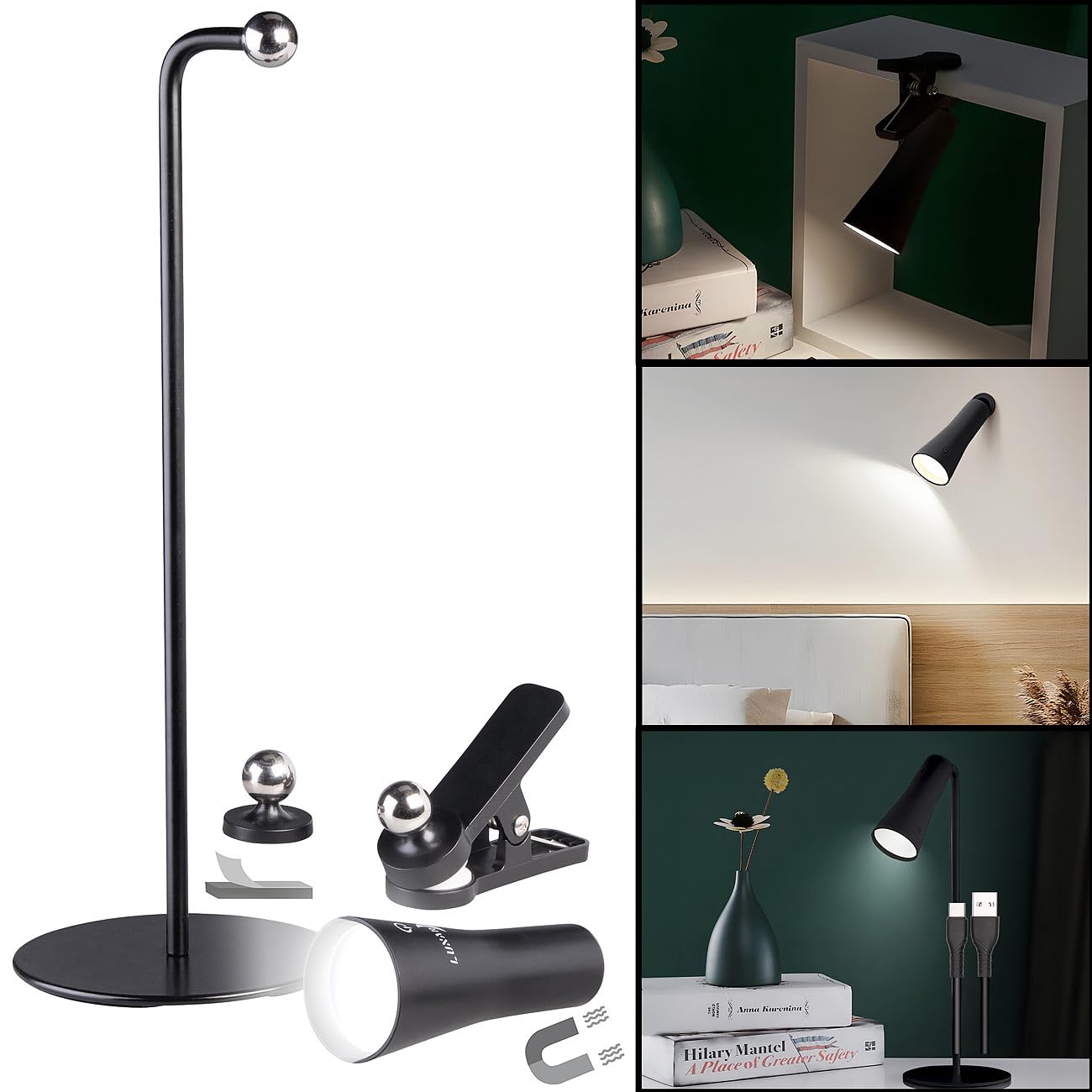Lunartec Multi-Akku-Lampe: 4er-Set 4in1-Akku-Tisch-, Wand-, Klemm- & Taschenlampe, 3 Modi,schwarz (Stand-Lampe, Bilderlampe)