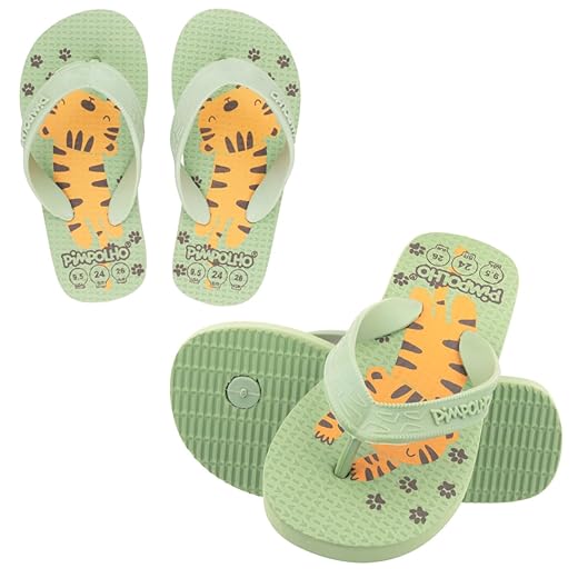 Pimpolho Chinelo de Dedo Infantil Tigre, Verde, Antiderrapante, Tamanhos 24 a 32, Idade 3 a 9 Anos