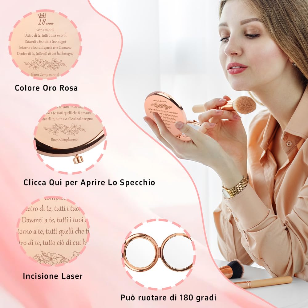 Regalo 18 Anni Ragazza Compacta Specchio Trucco, Idee Regalo Donna Compleanno Specchio Compacto Regali per Sorella Figlia Amica Natale, Regali per Compleanno 18 Anni Ragazza, Ingranditore x1 / x2