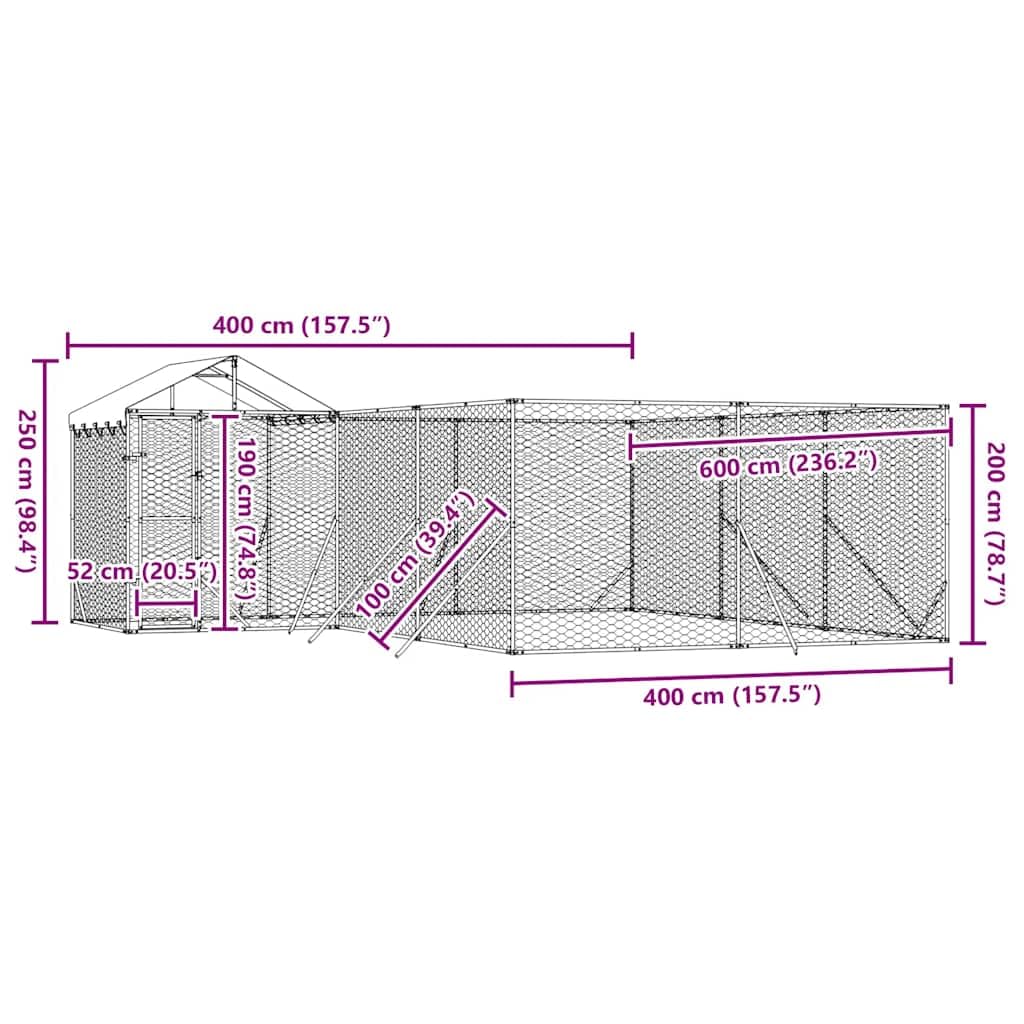 Perrera para perros al aire libre con techo de acero galvanizado plateado, 6 x 6 x 2,5 m, gran caño con puerta, protección de seguridad, recinto para perros, cachorros, entrenamiento, jardín