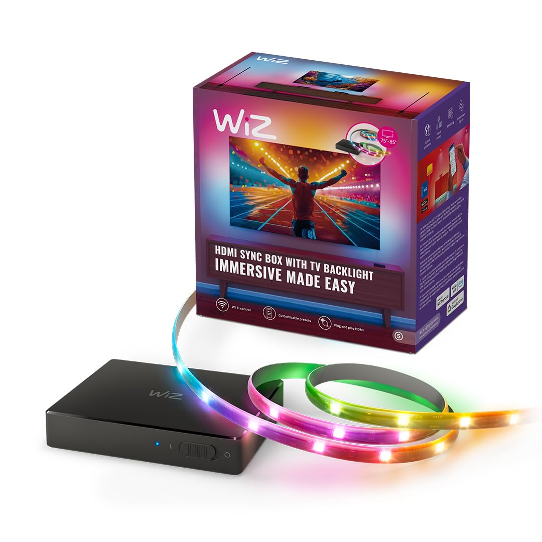 WiZ HDMI Sync Box con retroilluminazione TV, sincronizza la luce con film, giochi e musica, HDMI 2.0, Striscia LED RGBIC per TV da 75-85 pollici, controllo con App, compatibile con Google e Alexa