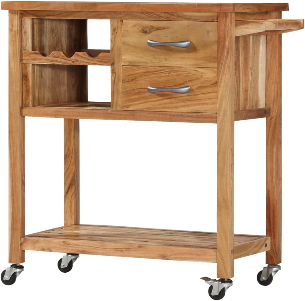 Kitchen Trolley Solid Wood Acacia 31.5"x17.7"x35.8" Rolling Kitchen Cart with Wheels Durable Kitchen Storage Cart Mobile Cart for Food and Utility Use