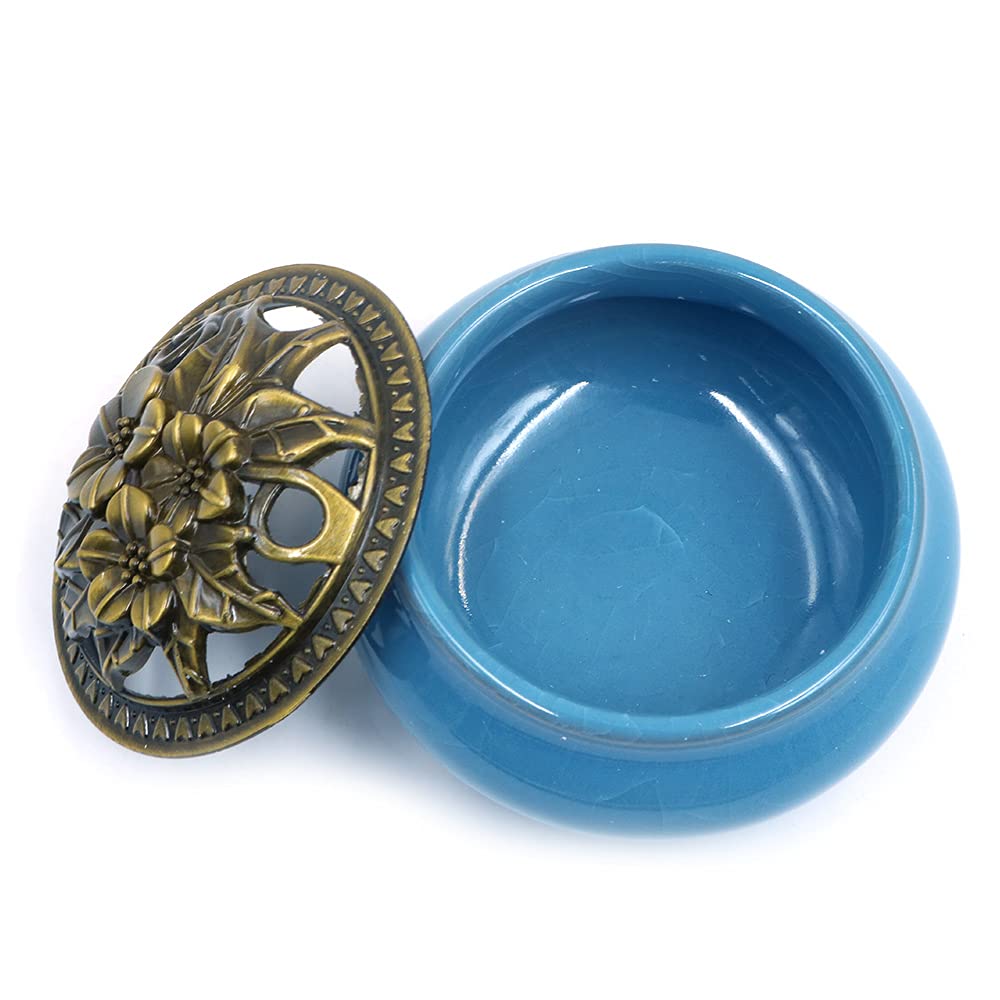 ANCLLO Porcelain Incense Holder Burner (Stick/Cone/Coil Incense) Ceramic Ash Catcher Tray Bowl with Brass Calabash Incense Stick Holder (Blue)