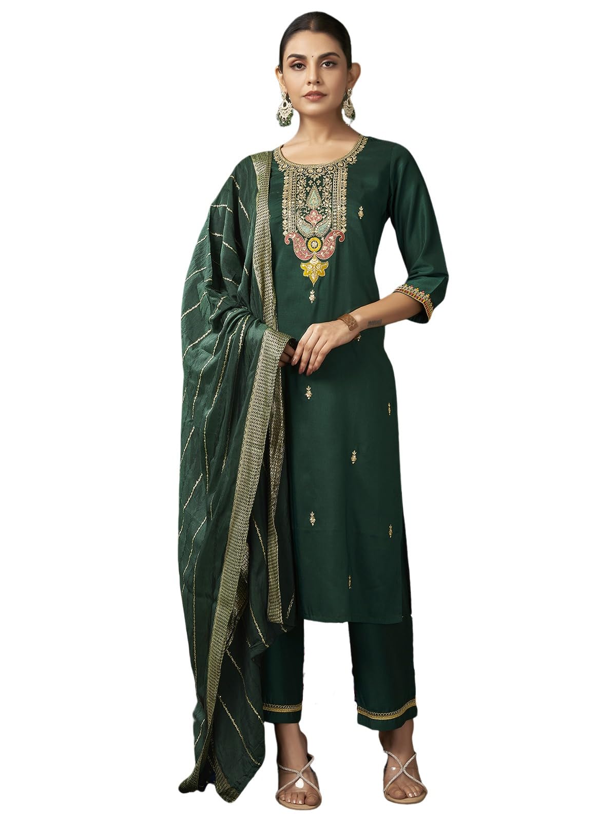 Sanisa Women's Chinnon Sequins And Embroidery Work Straight Kurta With Pant And Dupatta Set (198Kbd2105N-L_Dark Green)