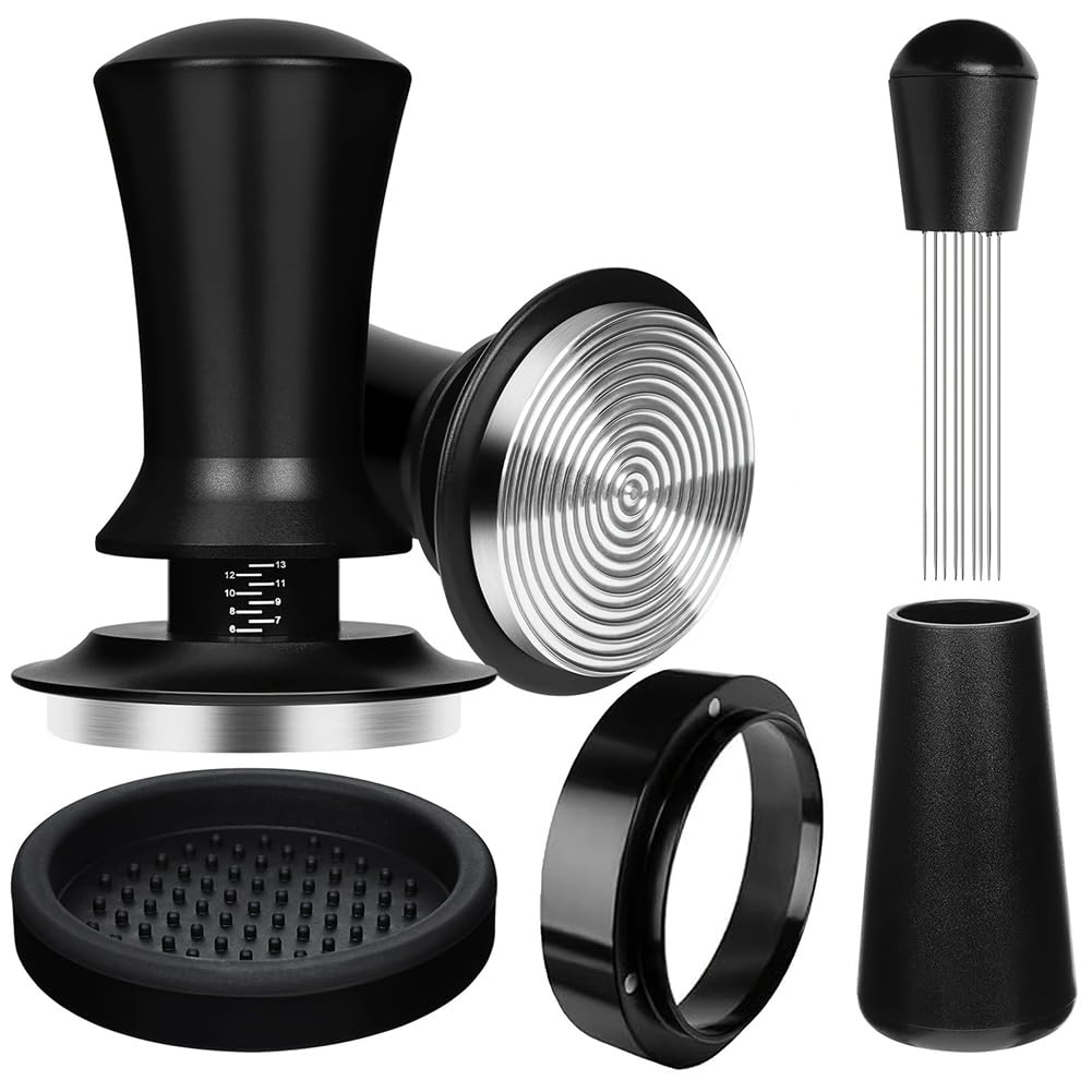 Vjsujehgy Coffee Tamper Set with Spring Loaded Mechanism, WDT Tool, Dosing Funnel, Tamper Mat Espresso Coffee Distribution Distributor Stirrer 53mm