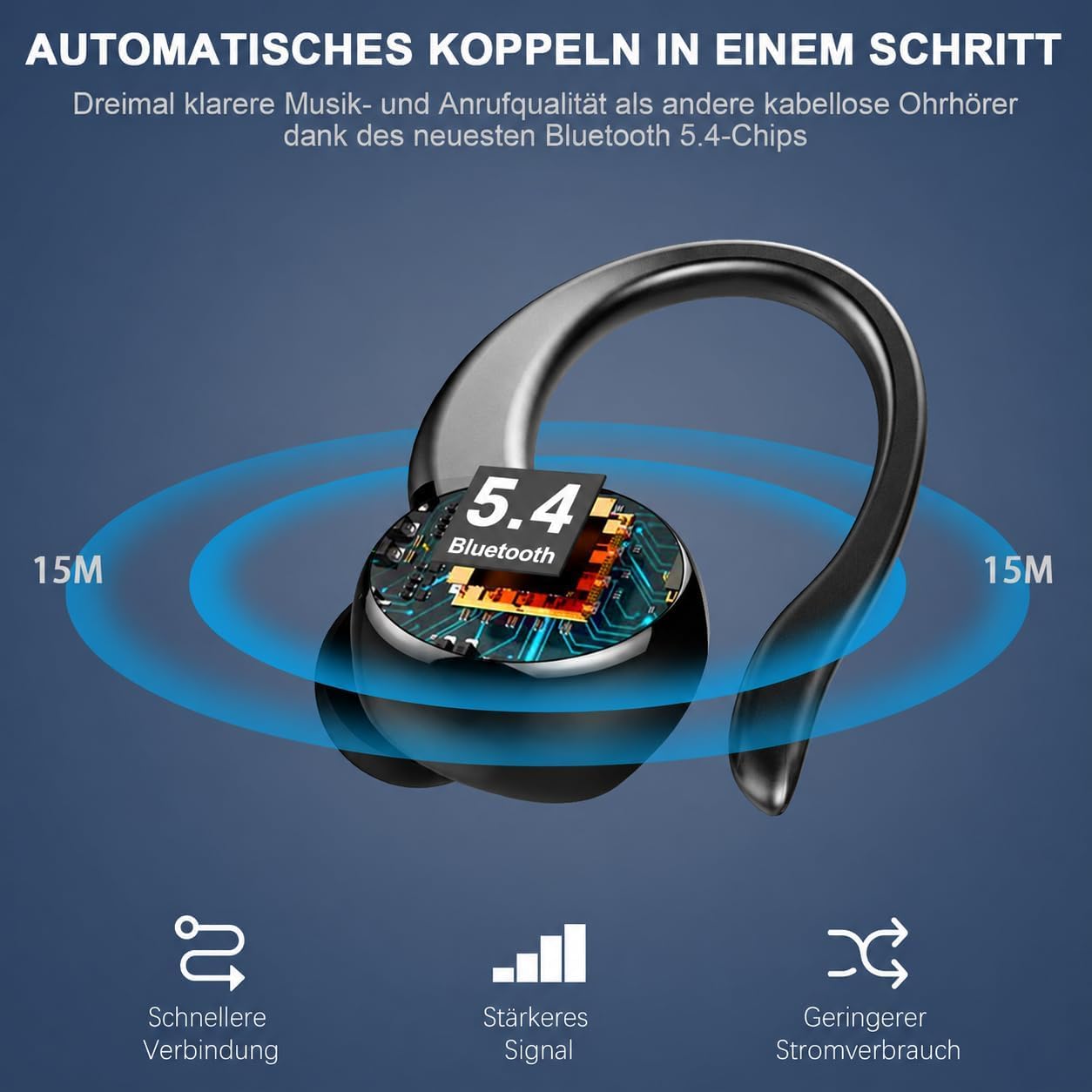 Rolosar Kopfhörer Kabellos Bluetooth 5.4 Sport tiefer Bass, 56 std Spielzeit In Ear Kopfhörer mit 4 ENC Noise Cancelling Mic, IP7 Wasserdicht Ohrhörer LED-Anzeige für Studium