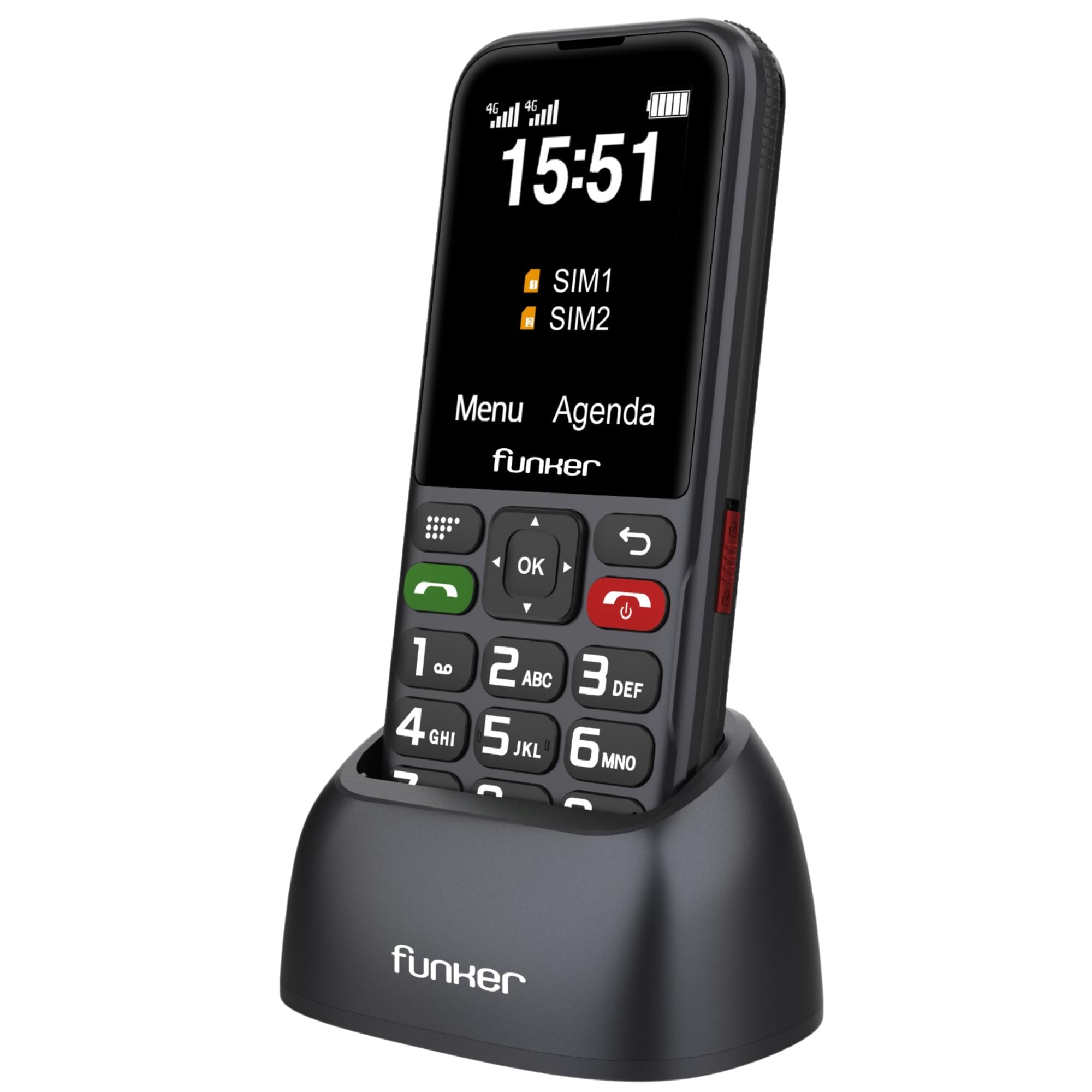 Funker C180 - Telefono cellulare 4G per anziani e uso domestico, tasti grandi, schermo 2,4", base di ricarica, batteria 1800 mAh, tasti Easy, audio alto Voice HD, nero