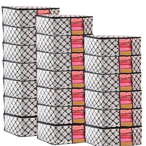Image of Non-Woven Saree Covers with Zipper & Transparent Window | Clothes Storage Bags for Wardrobe Organization | White Dustproof Garment Storage box with Black Dot for Sarees and Clothes (Pack of 20)