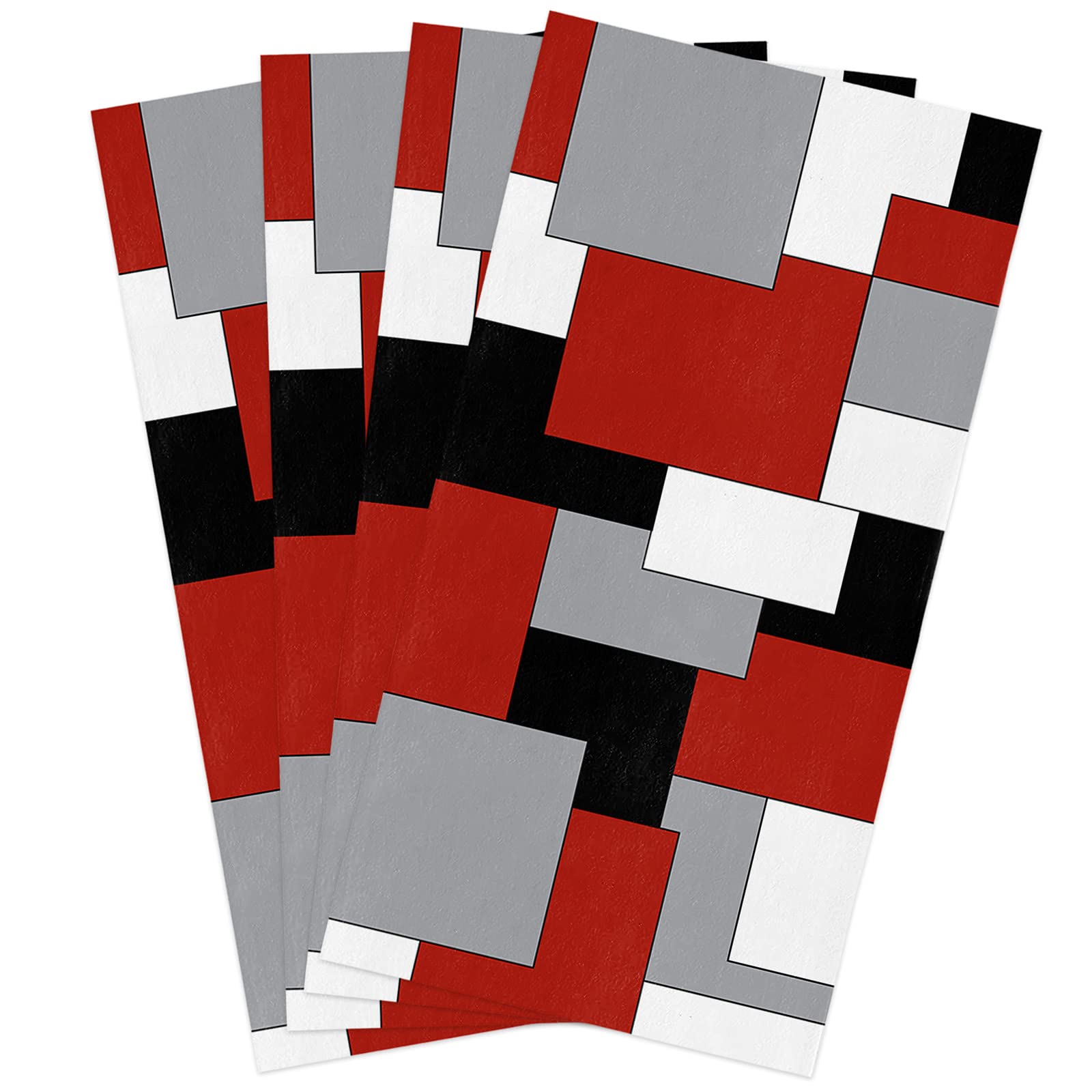 Geo Kitchen Towels,White Grey Black Red Abstract Irregular Geometric 16x28 Inches Soft Kitchen Dish Cloth,Cotton Tea Towels/Bar Towels/Hand Towels,(4 Pack)