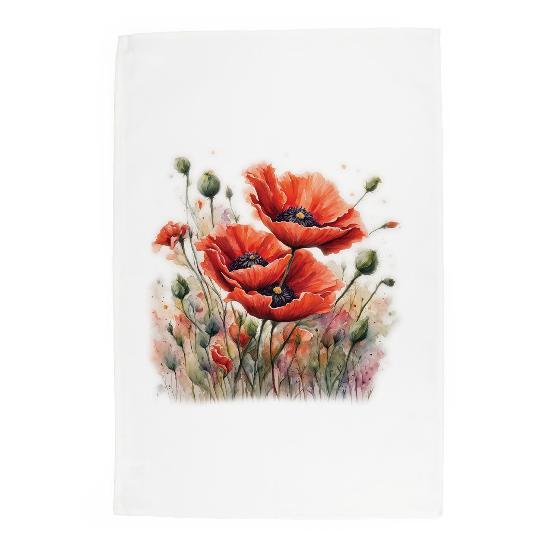 Purely Home Red Floral Poppies Tea Towel - Watercolour Garden Flowers Panama Cotton Kitchen Dish Towel/Drying Cloth - 67Cm X 45Cm