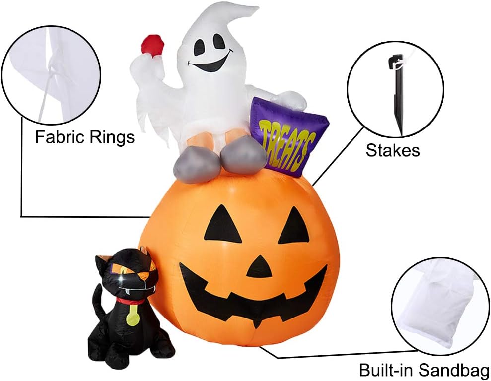 Superjare 6 Ft Inflatable Lantern-Ghost-Cat, Blown up Halloween Decoration with LED Light, Tall, Indoor & Outdoor, Yard & Lawn Decor