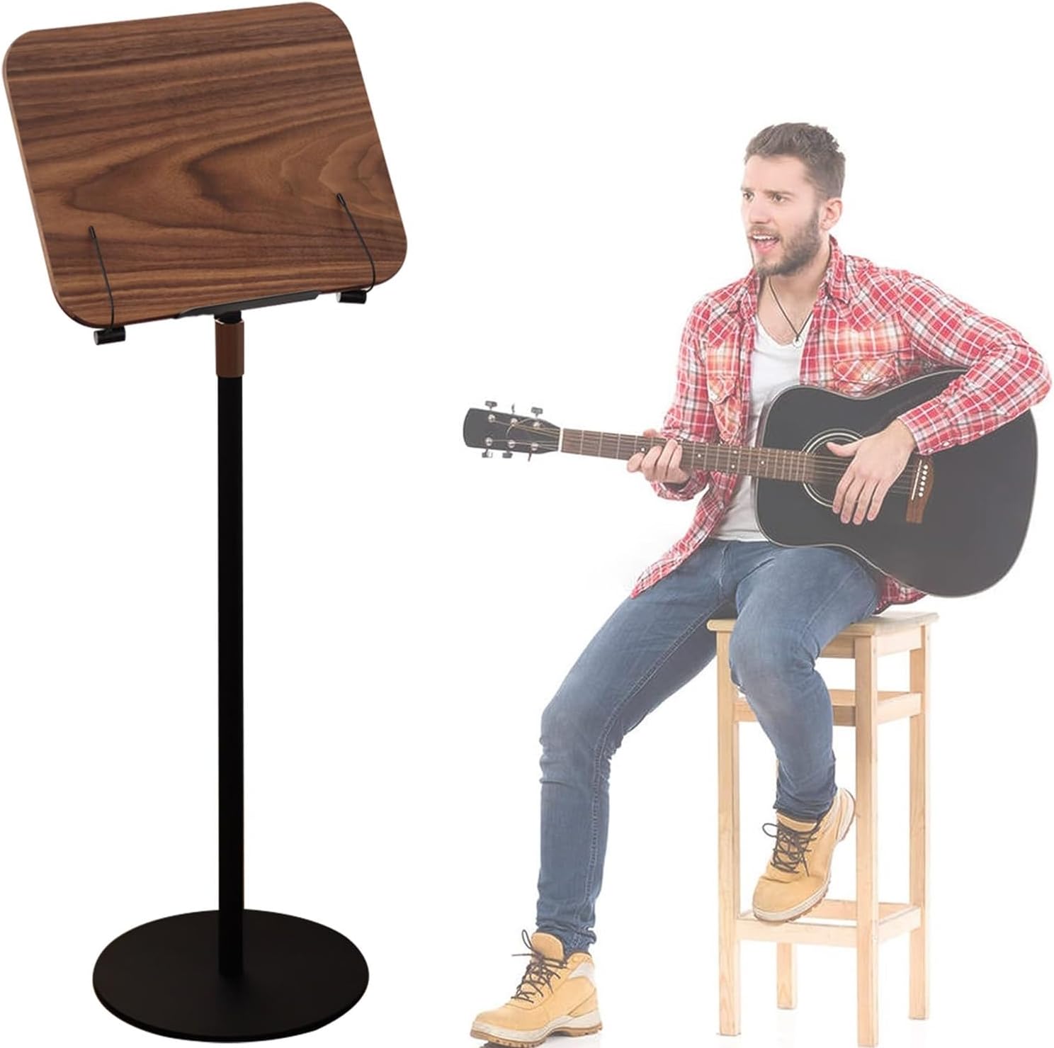 Wood Music Book Stand, High Stability Sheet Music Stand with Spring Book Clip, Retro, Walnut Color, Station for Conductors, Height Adjustable 64-122cm, Durable