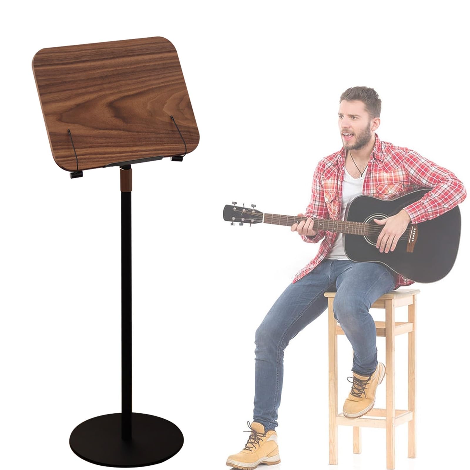 Atril De Madera para Libros De Música, Atril De Alta Estabilidad para Partituras con Clip De Resorte, Estilo Retro, Color Nogal, Estación para Directores, Altura Ajustable,