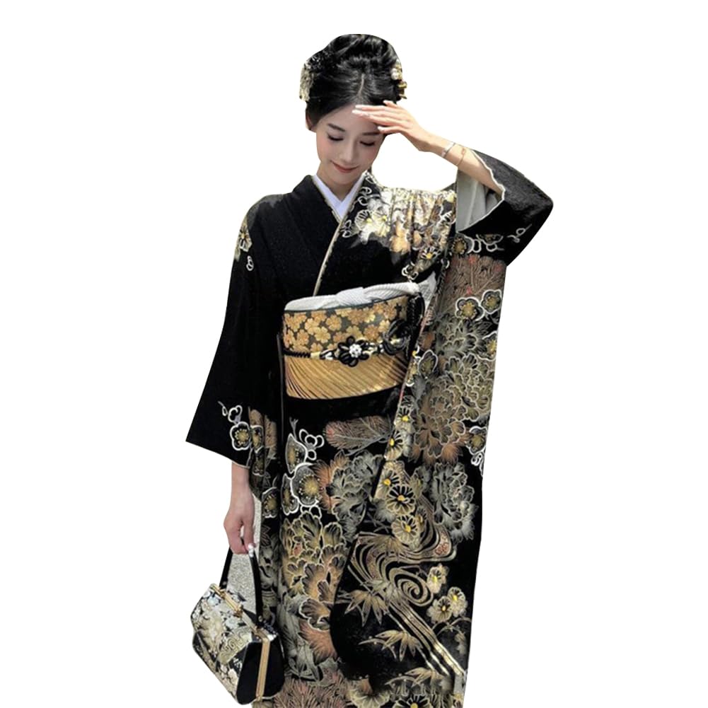 Bwgoroku Women's Yukata, Kimono, Black, Women's, Yukata, Floral Pattern, Costume, 4-Piece Set, Yukata, Obi, Fan, Head Accessory, Plain Weave, Neat, One Size Fits Most, Cute, Yukata, For Adults : Cloth