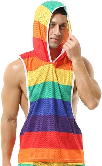 Rainbow Tank Top for Men Sexy Mesh Pride Outfits Y-Back Muscle Workout Tops Sleeveless Hoodie Suit