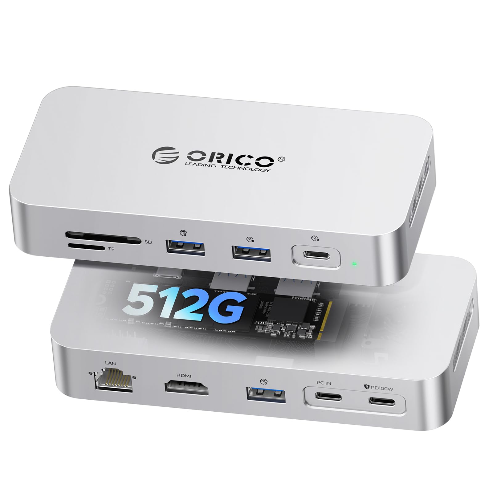 ORICO SSD Esterno 512GB, Docking Station 10-in-1 USB-C velocità fino a 1000MB/s, HDMI 4K@60Hz, ricarica PD 100W Ethernet Gigabit Hub USB, lettore SD/TF Archiviazione Portatile Multifunzione