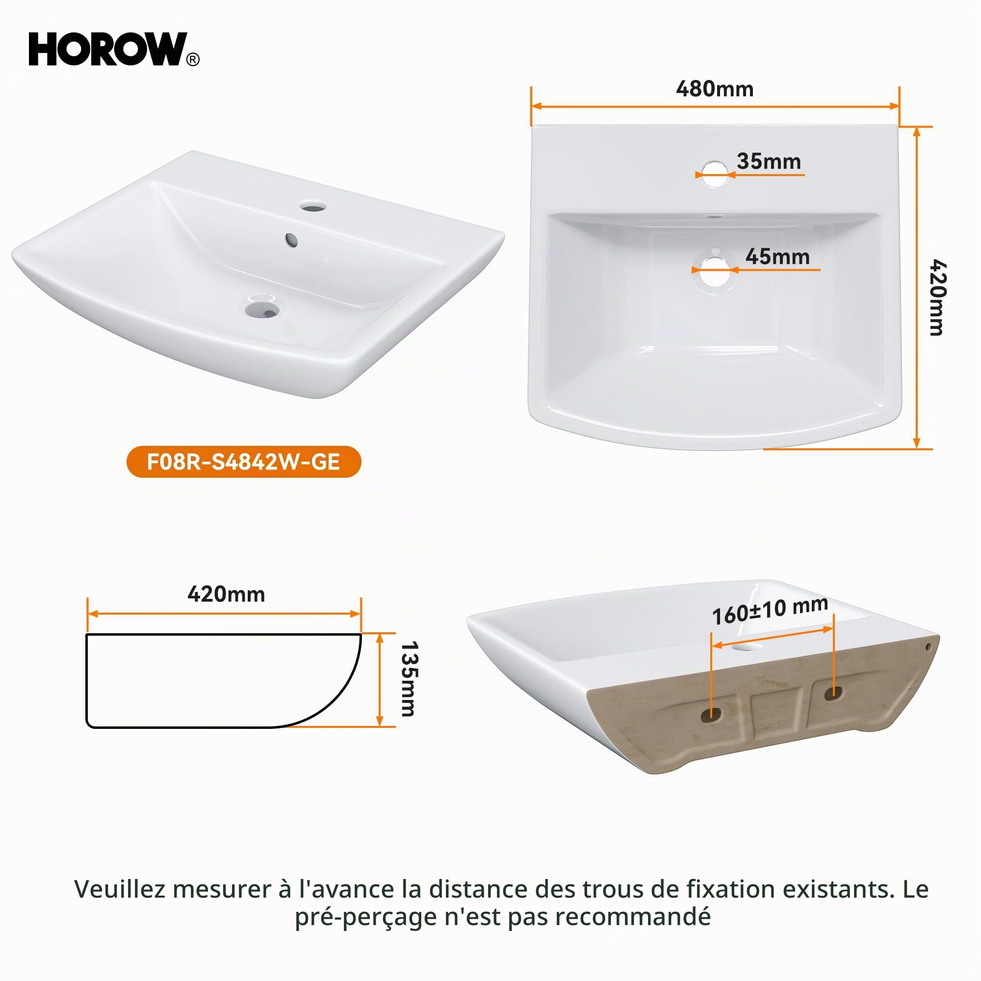 HOROW Lavabo de salle de bain petit avec trop-plein - Lavabo à poser - Pour salle de bain d'invités - Lavabo suspendu - Lavabo mural avec trou pour robinet - En céramique - Blanc - 50 cm