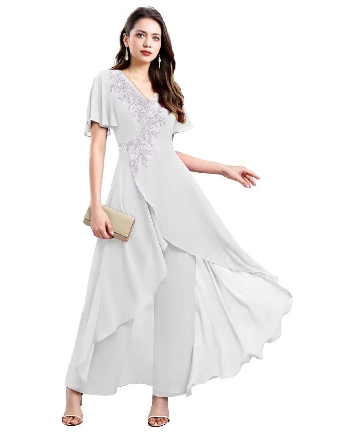 Chiffon Mother of The Bride Pantsuit for Women Lace Applique Wedding Guest Short Sleeves Formal Outfit