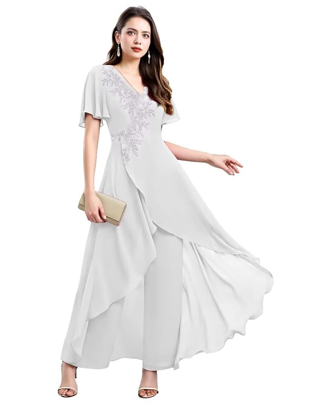 Chiffon Mother of The Bride Pantsuit for Women Lace Applique Wedding Guest Short Sleeves Formal Outfit