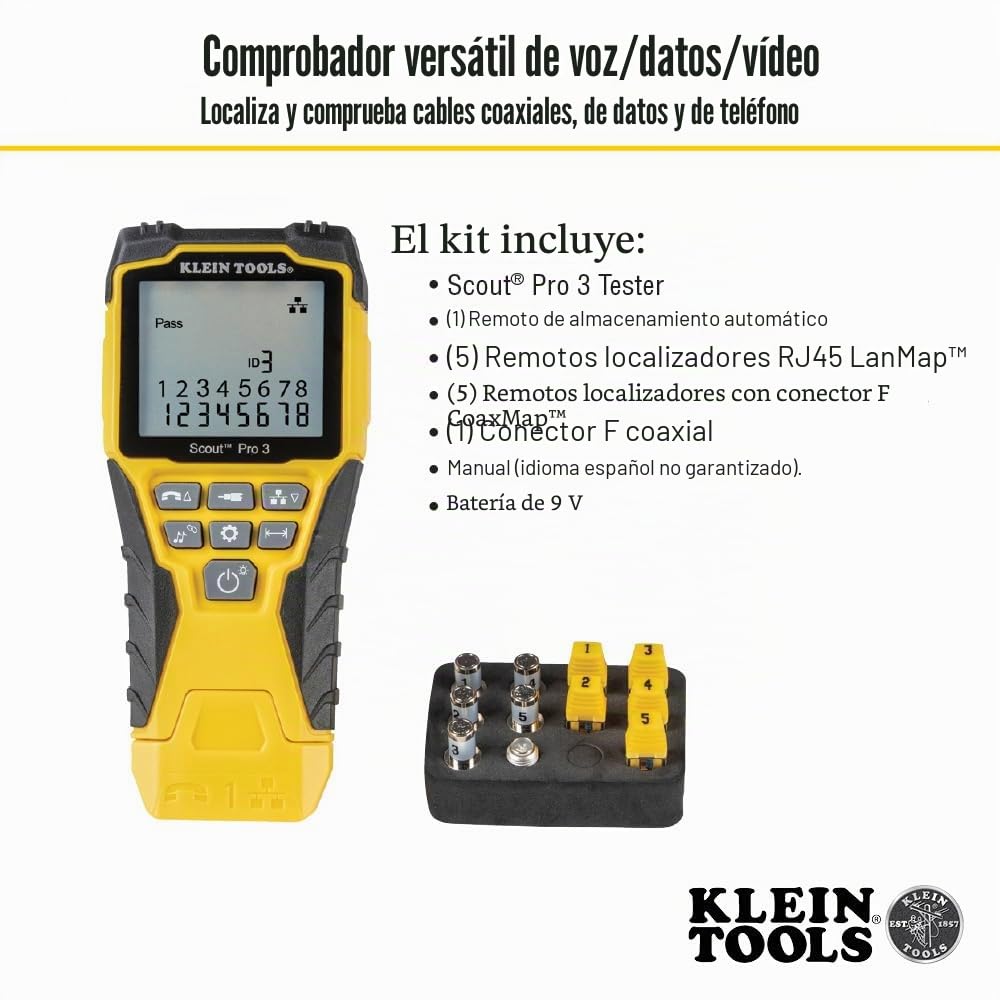 Klein Tools VDV501-851 | Kit Probador De Cables Ethernet Scout Pro 3 Con Mandos Y Adaptador | Prueba Datos Telefonia Y Coaxial | Medida Longitud Hasta 610 M | Pantalla Retroiluminada