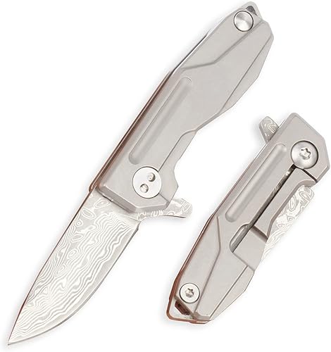 Samior HY002 - Cuchillo plegable ultra pequeño de bolsillo, hoja de damasco VG10 de 1.3 pulgadas, cerradura de marco de mango de titanio gris, mini