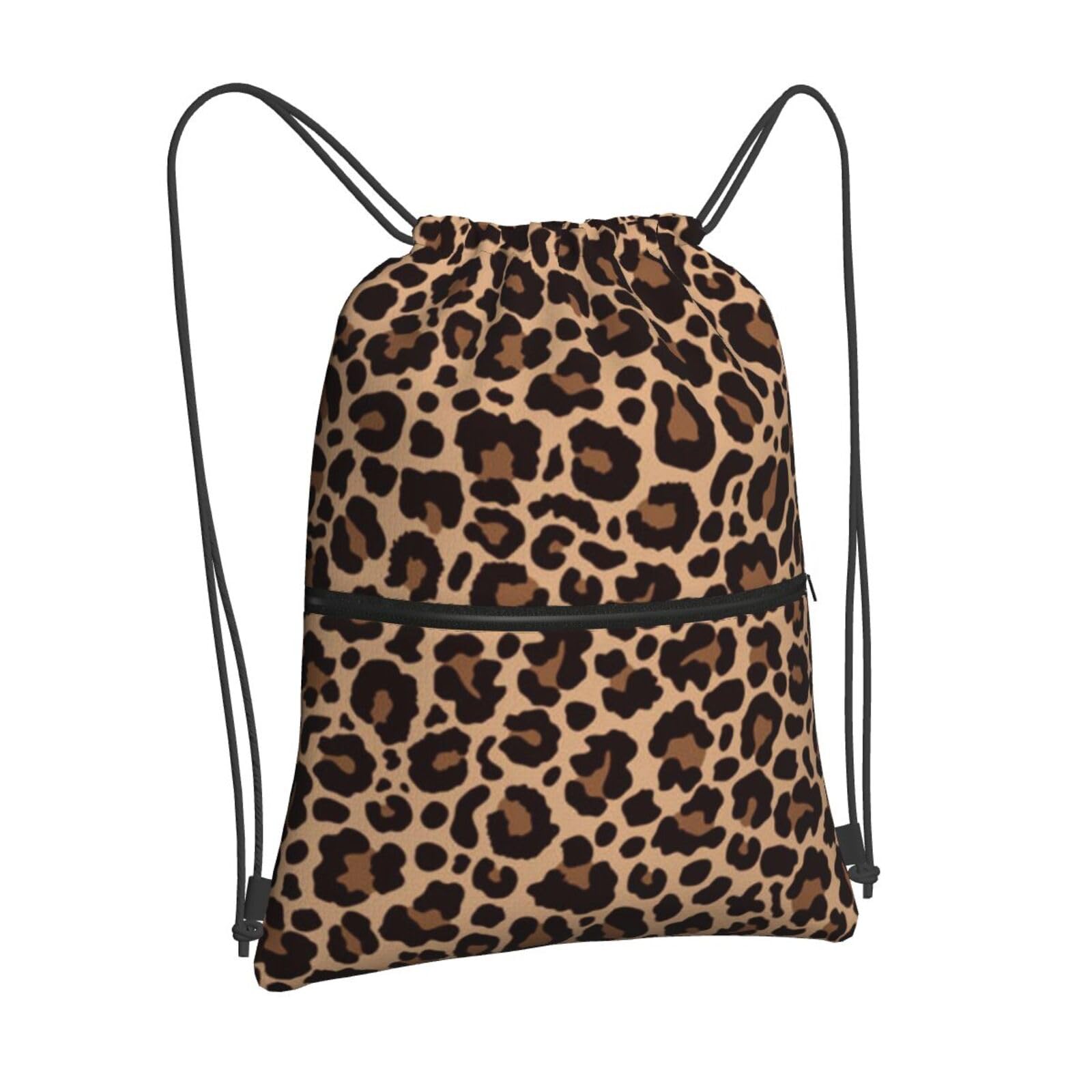 Newhomestyle Leopard Printing Drawstring Backpack Bag, Cheetah Outdoor Sport Gym Sackpack, Durable Zipper Waterproof Beach Bag, Adjustable Lightweight String Bag for Women Men โ image 1