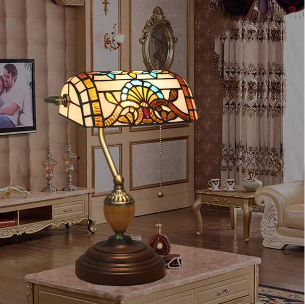 Tiffany-Stil Bank Lampe Europäische Art-Weinlese Buntglas-Tabellen-Lampe Für EIN Großes Geschenk Der Eltern Und Liebhaber Schmetterlings-Blumen/Tulip/Libelle/Mittelmeer,A