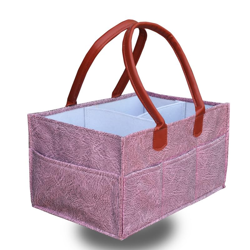 MetDeals Premium Felt Baby Diaper Caddy Bag with PU Leather Handle with Removable Divider | Baby Essentials Organizer for Diapers,Wipes,Toy,Clothes(Dapple Pink - 15X10X8 Inch)-image-1
