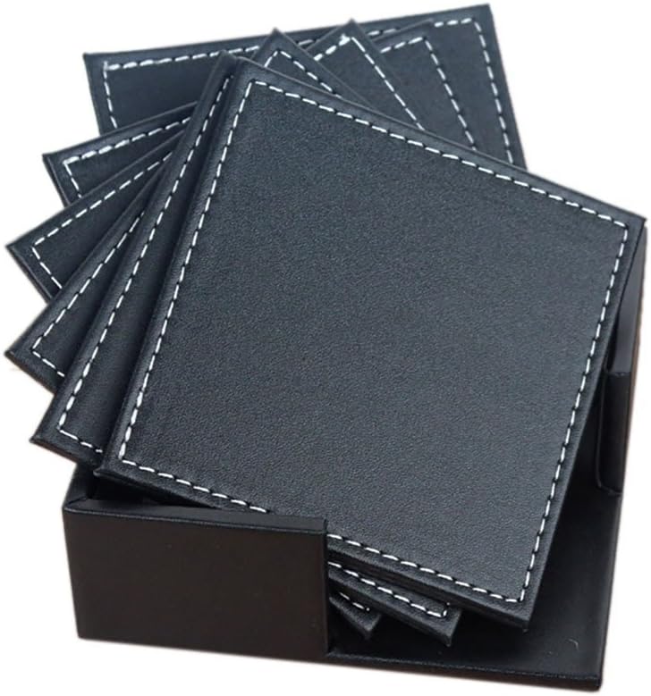 CARLWAY Black Square Leather Coasters Set with Holder for Cup (6 Pack)