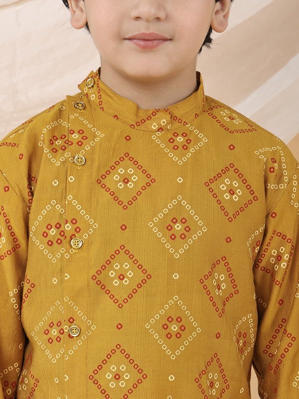 Image of superminis Boy's Golden Foil Printed Side Open Cotton Kurta, Round Collar, Full Sleeves Ethnic Wear Dhoti Kurta Set
